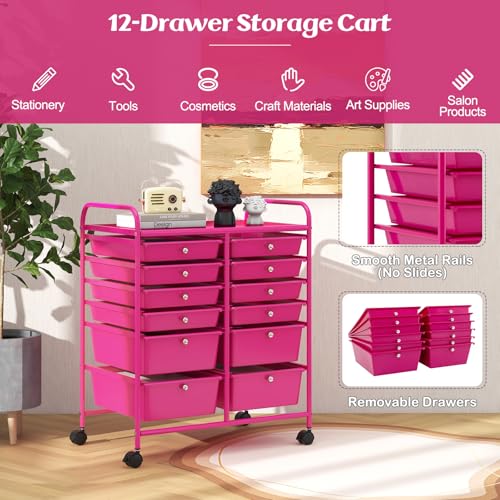 DREAMADE Rolling Cart with Storage Drawers, Utility Cart with Removable Plastic Drawers, Lockable Wheels, Art Cart for Classroom Organization Art Supplies Office Scrapbook (12 Drawers, Hot Pink) - color: Hot Pink, style: 12 Drawers
