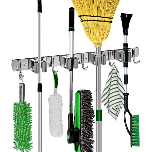 NUHATOP Broom Holder Wall Mount,4 Clips 5 Hooks, Stainless Steel, Mop and Broom Organizer Rack, Non-Slip, Cleaning Tools Storage Hanger for Garage, Laundry Room, Closet Door, Garden, Silver