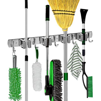 NUHATOP Broom Holder Wall Mount,4 Clips 5 Hooks, Stainless Steel, Mop and Broom Organizer Rack, Non-Slip, Cleaning Tools Storage Hanger for Garage, Laundry Room, Closet Door, Garden, Silver