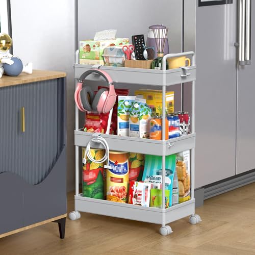SOLEJAZZ 3 Tier Rolling Storage Cart with Wheels Slim Craft Nail Makeup Snack Art Baby Utility Cart Organizer on 2 Lockable Wheels for Bathroom Laundry Room Kitchen Bedside Narrow Spaces, Gray - color: Grey, size: 3-Tier, 8.66"D
