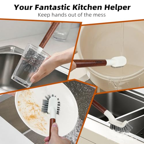 4-Pack Heavy Duty Scrub Brushes with 11" Sapele Wood Handle – PBT Bristles & TPR Loop – Kitchen, Bathroom, Grout, Dish & Tile Cleaner – Durable Non-Slip Multi-Surface Cleaning Brush Set