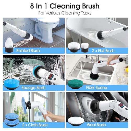 Electric Spin Scrubber, Shower Scrubber with Long Handle, Rechargeable Cordless Power Scrubber, Retractable & Adjustable Angle Spin Brush for Cleaning Bathroom/Tub/Floor/Tile (Black-White+Beige)