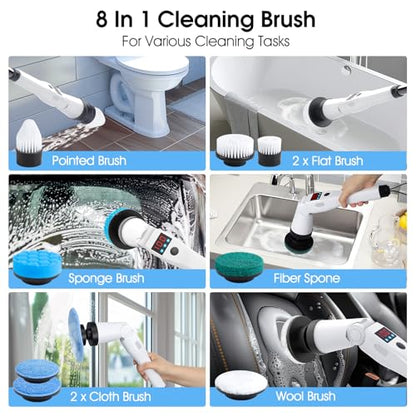 Electric Spin Scrubber, Shower Scrubber with Long Handle, Rechargeable Cordless Power Scrubber, Retractable & Adjustable Angle Spin Brush for Cleaning Bathroom/Tub/Floor/Tile (Black-White+Beige)