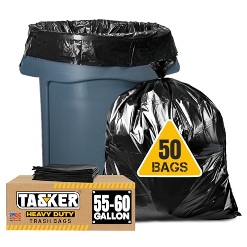 Tasker 55 Gallon Trash Bags | Value 50 Trash Bags w/Ties | Heavy Duty Extra Large Industrial Trash Bags 55 Gallon, Lawn and Leaf Bags, Extra Large Outdoor Contractor Trash Can Liners, 50-60 Gallon - size: 50 Count (Pack of 1)