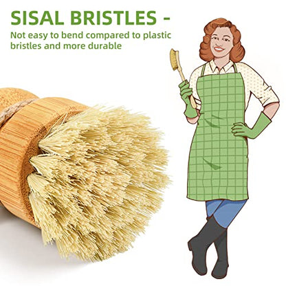 SUBEKYU Bamboo Dish Brush Set with Soap Holder, Wooden Dish Scrubber with Soap Dispenser, Natural Kitchen Scrub Brush, Washing Pot/Pans/Cast Iron, 2 Pack, Sisal Bristles - color: Sandstone Base + 2p Sisal Brushes, size: Regular size