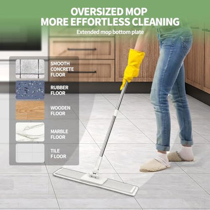 CQT Commercial Flat Microfiber Floor Mop Cleaning System 20" Inch Wet Dry and Dust Hardwood with 4 Washable Pads Cleaner for Laminate Tile Stainless Steel Handle and Extension (White)