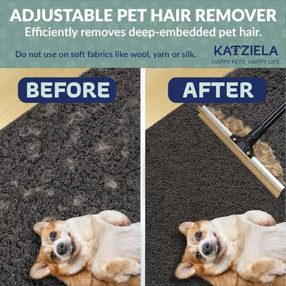 Katziela DuoSweep Broom – Dual-Sided Pet Hair Remover with Metal & Rubber Blade – Multi-Surface Cleaner for Carpet, Hardwood & Tile – Includes Water Control Squeegee Attachment