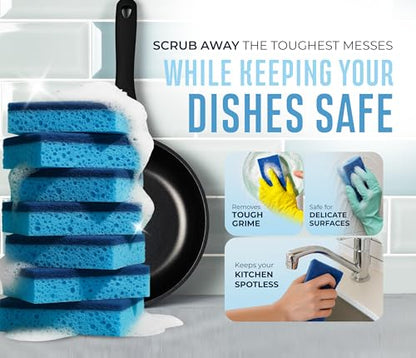 Blue Scrub Sponges Pack of 6 – Dual-Sided Kitchen Sponges for Cleaning – Non Scratch for Dishes, Bathroom, Surfaces – Durable Dishwashing Sponge