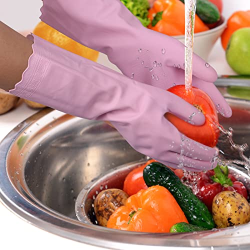 Bamllum Rubber Cleaning Gloves - 3 Pairs Latex Free Kitchen Cleaning Gloves with Cotton Liner- Household Dishwashing Gloves, Non- Slip Waterproof (Large, Blue+Pink+White) - color: Blue+pink+white, size: Large