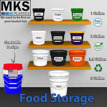 MKS Plastics 3.5-Gallon Bucket with Airtight Lid – Made in USA, Food Grade BPA Free Plastic, Heavy Duty Multi-Use, Metal Handle with Grip, Stackable Storage – White, 2 Pack - color: 3.5 Gallon - White, size: 2