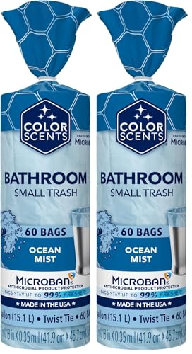 Color Scents Small Trash Bags - 4 Gallon, 60 Bags(60 Count), Twist Tie - Light Blue Bag in Ocean Mist Scent with Microban (Pack of 2) - size: 60 Count (Pack of 2), style: Ocean Mist Scent