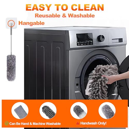 Professional Microfibre Dusters for Cleaning | Duster with Extension 100" | Cobweb Remover Duster Kit with 4 Washable Heads | Bendable Feather Duster for High Ceilings,Fans & Hard-to-Reach Areas,7PCS
