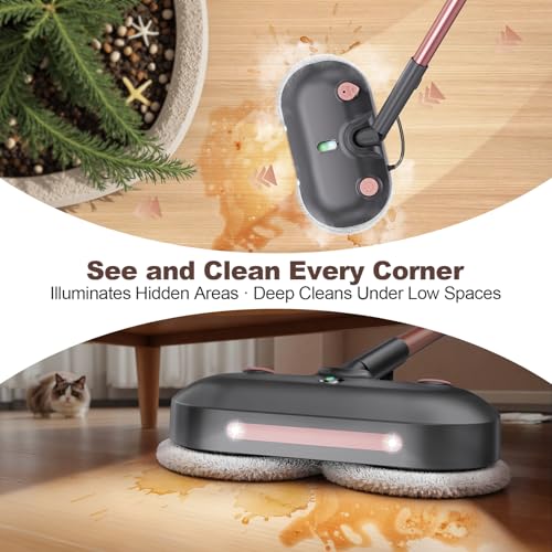 F6 Steam Mop Electric Rotating Steam Mop Head Pink, Large Tank, 23FT Cord, LED Headlights