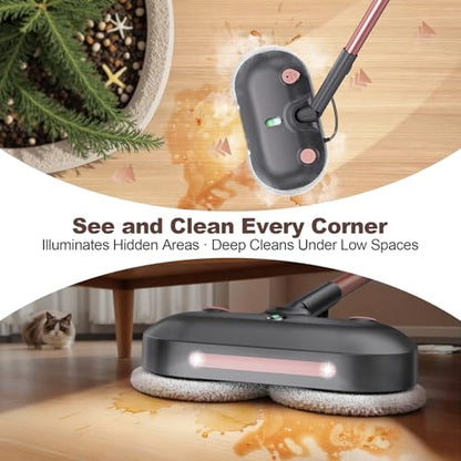 F6 Steam Mop Electric Rotating Steam Mop Head Pink, Large Tank, 23FT Cord, LED Headlights