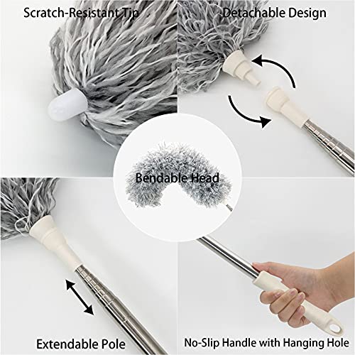 Anawin Microfiber Duster for Cleaning, 100’’ Duster with Extension Pole, Extendable Bendable Cobweb Telescoping Long Dusters for High Ceiling Fan, Blinds, Vents, Furniture, Cars(Single Head) Gray