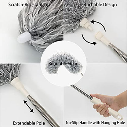 Anawin Microfiber Duster for Cleaning, 100’’ Duster with Extension Pole, Extendable Bendable Cobweb Telescoping Long Dusters for High Ceiling Fan, Blinds, Vents, Furniture, Cars(Single Head) Gray