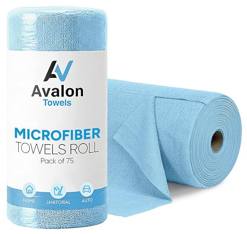Avalon Towels Microfiber Cleaning Cloth Roll (Value Pack of 75) - Size 12x12 Inches, Highly Absorbent and Reusable Microfiber Towel Rolls, Lint and Streak Free Cleaning Cloths for Home - color: Blue