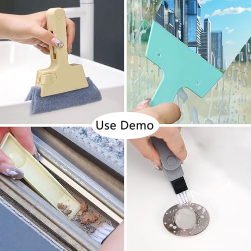 3Pcs Window Track Cleaning Brush, 4-in-1 Gap Brush (with Bristle Brush, Gap Dustpan, Scraper), Long Handle Groove Cleaner Tool, for Sliding Door, Window Sill, Bathroom(Gray)