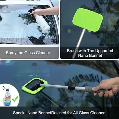 XINDELL Windshield Cleaner Tool – Car Window Cleaning Tool 22inch Extendable Long Handle for Easy Cleaning, 9pcs Reusable Microfiber Pads, Streak-Free Interior & Exterior Auto Glass Cleaner (Green) - size: 22in