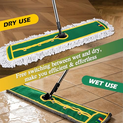 42" Commercial Dust Mop for Floor Cleaning, MASTERTOP Large Flat Mop with Long Handle, Sweeping Broom with 2 Different Mops Pads, Industrial Mop for Hardwood, Tile, Gym, Office, Mall, Warehouse - color: Green(42"*12")