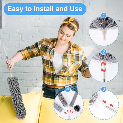 Duster for Cleaning 5-in-1 Kit, 100 Inches Duster with Extension Pole, Extendable Duster, Microfiber Feather Duster, Cobweb Dusters for High Ceilings, Furniture, Blinds, Wall- Grey - color: Gray