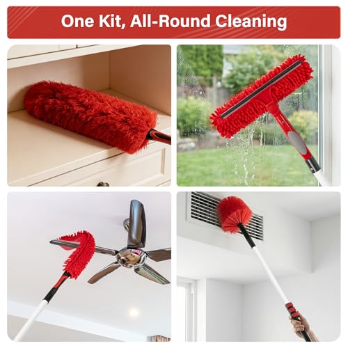20FT High Reach Ceiling Duster Kit with 5-12ft Extension Pole – Fan & Cobweb Cleaner, Microfiber Feather Duster, 2-in-1 Window Squeegee, 270° Rotating Head, Reusable & Washable, Wall-Mount Rack