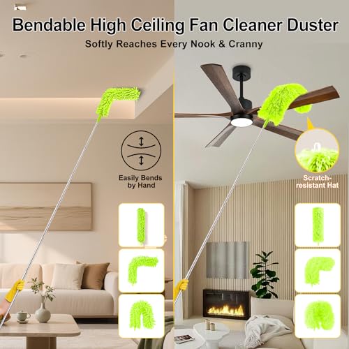 Tiumso Duster with Extension Pole 100 inch Extendable Reusable Dusters for Cleaning 5-in-1 Anti-Spin Dusting Kits for High Ceiling Fans, Cobwebs & Vents, Reinforced Stainless Steel Telescopic Handle - color: Lime Green