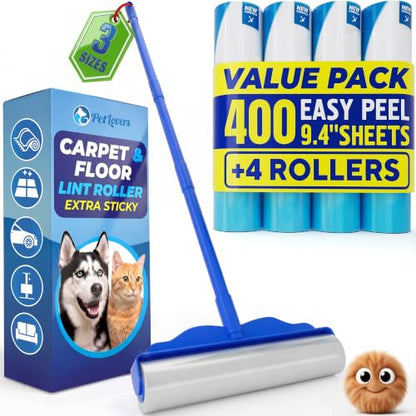 PetLovers Large Lint Roller with 3 Refills – 400 Total Sheets for Tackling Pet Hair, Extra Large Floor and Carpet Roller for Homes with Pets, Perfect for Floors, Furniture, and Loving Pet Owners - size: 4 Pack Floor Lint Roller