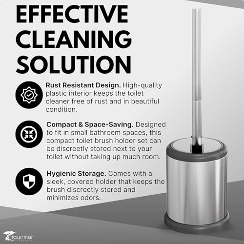 ToiletTree Products Toilet Brush with Lid - Sleek Toilet Bowl Brush and Holder - Toilet Scrubber Brush Set with Heavy-Weight Base - Lidded Toilet Bowl Cleaner Brush and Holder - Chrome (2 Pack) - style: Stainless Steel 2 Pack