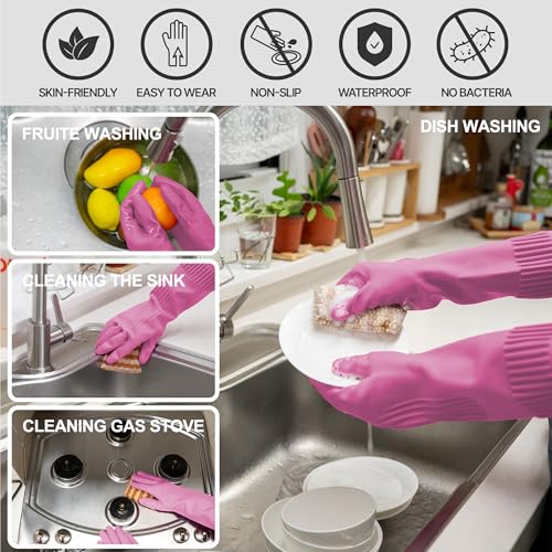 DABOGOSA Mamison 2 Pairs Reusable Waterproof Household Dishwashing Cleaning Rubber Gloves, Non-Slip Kitchen Glove (Pink, Large (Pack of 3)) - color: Pink, size: Large (Pack of 3)