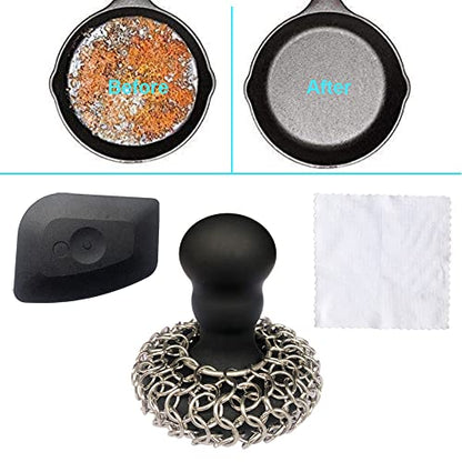 316 Upgraded Chainmail Scrubber with Silicone Handle Cast Iron Cleaner for Cast Iron Grill Pan Skillet Wok Bakeware Ergonomic to Hold Easy to Use Dishwasher Safe, Scrubber + Scraper + Towel (Black) - color: Black