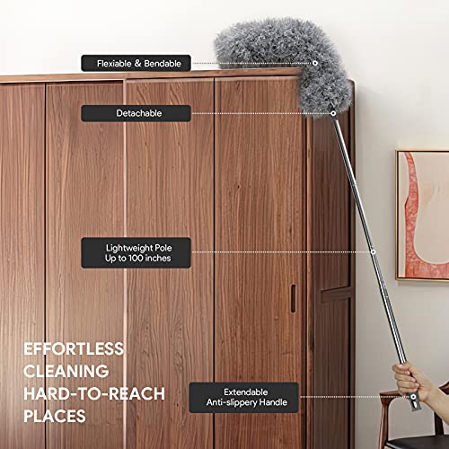 DELUX Microfiber Feather Duster,7 PCS Reusable Bendable Washable Cobweb Duster with 100 inches Extra Long Extension Pole for Cleaning Ceiling Fan, High Ceiling, Blinds, Furniture & Cars - color: 7pc-gray