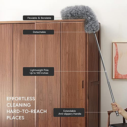 DELUX Microfiber Feather Duster,7 PCS Reusable Bendable Washable Cobweb Duster with 100 inches Extra Long Extension Pole for Cleaning Ceiling Fan, High Ceiling, Blinds, Furniture & Cars - color: 7pc-gray