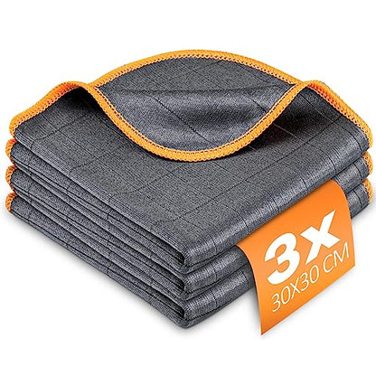 Airlab Carbon Microfiber Towels for Car Glass Window Polishing Cleaning Cloth Auto Detailing Lint Free Streak Free Drying Car Wash Large Towel, Pack of 3, 12" x 12", Grey-Orange - color: 12 X 12 Inch, Pack of 3, Grey-orange
