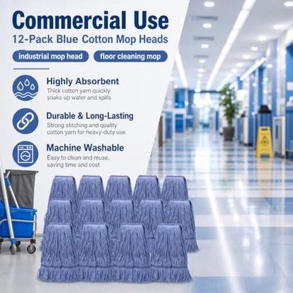 12 Pack Commercial Cotton Mop Head Replacement, Industrial Wet Mop Replacement Heads, Heavy Duty Loop-End Cotton String Mop Refill, Super Absorbent Floor Mop Head for Home, Garage & Commercial - size: 12 Count(17 Ounce each)