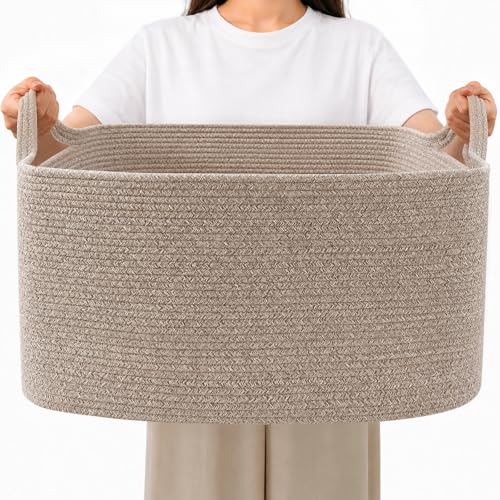 Large Blanket Basket,Woven Rope Basket Storage Bin with Handles,65L Rectangle Laundry Basket for Magazines,Toys,Clothes,Newspaper Shelf Organization,Nursery and Living Room,Brown - color: Brown, size: 21"x16"x12"(65L)