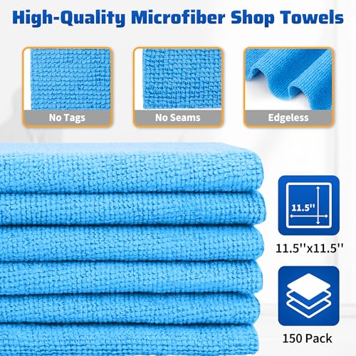 Shop Towels, 150 Pack Cleaning Rags Microfiber Towels, Bulk All-Purpose Microfiber Cleaning Cloth Lint-Free Wipe Washcloth for Commercial Garage Automotive & Housekeeping 11.5"*11.5" - color: Blue, style: 150 Pack