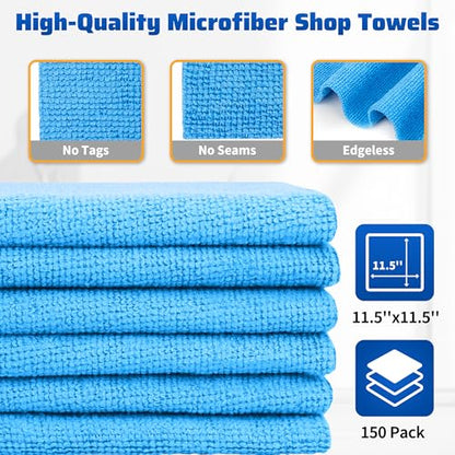 Shop Towels, 150 Pack Cleaning Rags Microfiber Towels, Bulk All-Purpose Microfiber Cleaning Cloth Lint-Free Wipe Washcloth for Commercial Garage Automotive & Housekeeping 11.5"*11.5" - color: Blue, style: 150 Pack