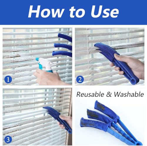 3-Finger Microfiber Blind Cleaner Brush - Reusable Washable Sleeve for Dusting Window Blinds, Curtains & Shutters (1-Pack, Blue)