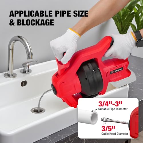Cordless Electric Drain Auger Compatible with Milwaukee 18V Battery, Auto-Feed Plumbing Drain Snake with 23.62FT Cable, Drain Clog Cleaner Tool for Sink, Toilet, Bathtub, Sewer (Battery Not Included)