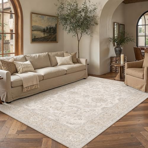 HUGEAR 5x7 Area Rug Beige Vintage Machine Washable Rug Room Decor Distressed Living Room Rugs Low Pile Non Slip Soft Carpet for Bedroom Office Dining Room Soft Lightweight - color: Beige, size: 5' x 7' (Rectangular)