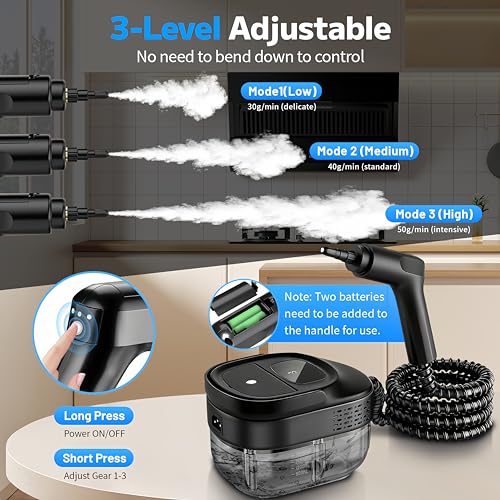 Pressurized Handheld Steam Cleaner 2500W, 54oz Large-Capacity Steamer with 3-Level Adjustable Steam, 15s Heat-Up & 15Pcs Accessories – for Car, Tile, Grout, Couch, Floor, Bed, Dirt, Furniture - color: Black