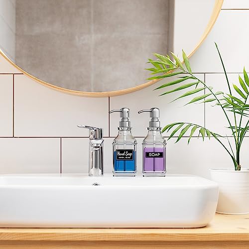 LMQML Soap Dispenser - 2 Pack, Antique Design Thick Glass Hand Soap Dispensers with Sturdy Tray; 304 Rust Proof Stainless Steel Silver Pump, 12Pcs Stickers, for Kitchen, Bathroom - color: Silver