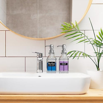 LMQML Soap Dispenser - 2 Pack, Antique Design Thick Glass Hand Soap Dispensers with Sturdy Tray; 304 Rust Proof Stainless Steel Silver Pump, 12Pcs Stickers, for Kitchen, Bathroom - color: Silver