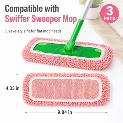 3 Pack Compatible with Swiffer Sweeper Mop, Reusable Machine Washable Flat Mop Replacement Pads, 9.84 x 4.33 Inch, Wet Dry Cleaning for Dust, Hair, and Sealed Hard Floors