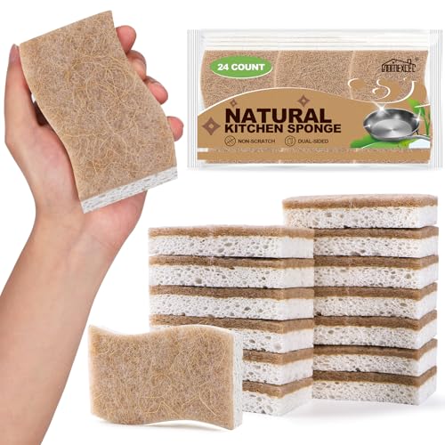 HOMEXCEL Sponges Kitchen, 24 Packs Non-Scratch Natural Sponge for Dishes Cookware, Biodegradable Cellulose Scrub Sponges for Dishwashing Cleaning Household Bathroom - color: Brown-s Shape