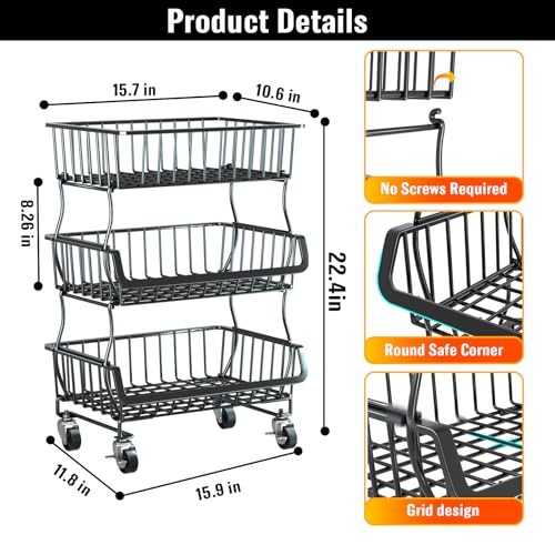 Gsiekare 3-Tier Rolling Pantry Organizer and Storage Cart with Wheels – Stackable Wire Snack Cart for Kitchen, Pantry Shelves and Storage Rack for Fruit, Vegetables, Onion, Potato (1 Pack) - size: 3 layer baskets (1 Pack)