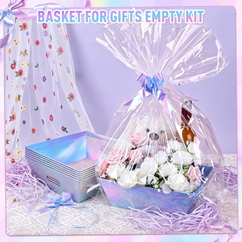 AFOROEOA 6PACK Laser Baskets for Gifts Empty, 12x10x4” Holographic Iridescent Gift Basket Kit with 6 Bows & 6 Bags - Kraft Empty Gift Baskets for Christmas, Weddings, Birthdays, Holiday Gifting Hampers - color: 6 Laser