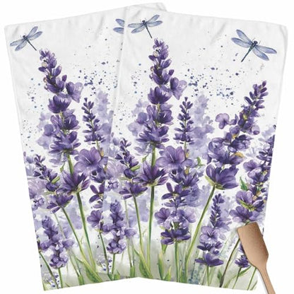 Lavender Dragonfly Flower Kitchen Dish Towels Set of 2, Soft Lightweight Microfiber Absorbent Hand Towel Purple Plant Tea Towel for Kitchen Bathroom 18x28in - size: 2PCS-18x28in(45x75cm)