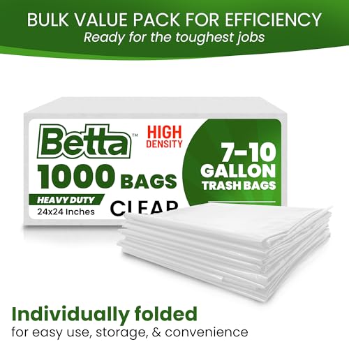Betta 8-10 Gallon Medium Trash Bags, Clear, 1000 Count Box, (24x24-inch) Commercial Office Wastebasket Garbage Can Liners, 7-10 Gallon Round Cans, 6-8 Gallon Slim and Square Cans